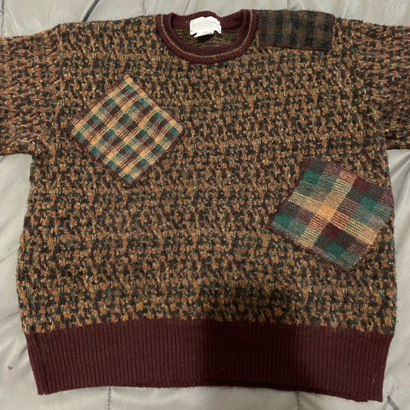 Vintage 80’s Tricots St Raphael Earthy Multi Patchwork Wool Sweater - Picture 2 of 11